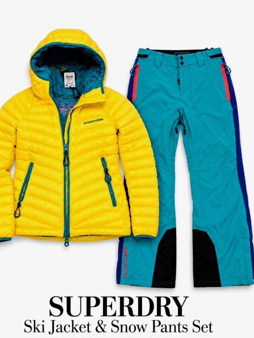 Snow Winter Coat Set Superdry Yellow Puffer Ski Jacket & Teal Snow Pants Set